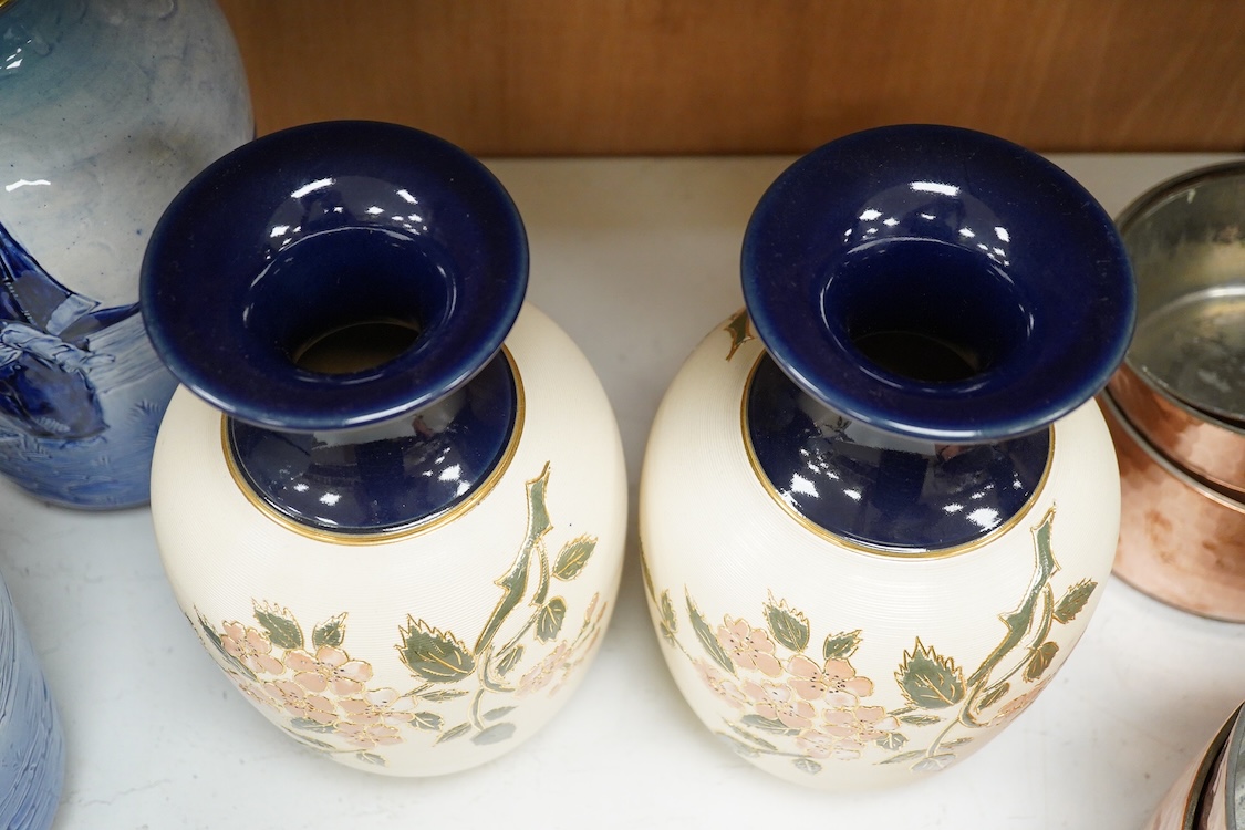 Three pairs of vases to include hexagonal Wilton ware and Delft blue and white, largest 26cm high